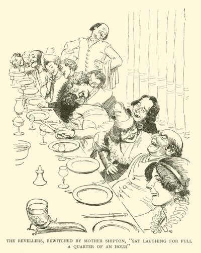 The Revellers, Bewitched przez Mother Shipton, „Sat śmiejąc się przez cały kwadrans” (rycina) autorstwa Hugh Thomson