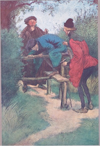 Nadchodzi mój mistrz, Pan Shallow i jeszcze jeden pan z Frogmore, ilustracja z Wesołych kumosz z Windsoru, 1910 autorstwa Hugh Thomson