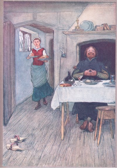 Nadejdą pippiny i ser, ilustracja z Wesołych kumosz z Windsoru, 1910 r. autorstwa Hugh Thomson