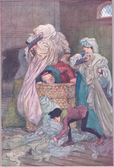 „Okrywają go brudnym płótnem”, ilustracja z „Wesołych kumoszków z Windsoru” autorstwa Hugh Thomson