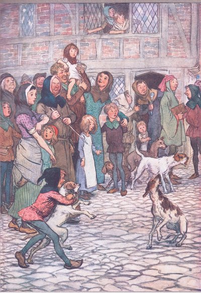 Dlaczego twoje psy tak szczekają? Czy tam niedźwiedzie ja miasto?, ilustracja z Wesołych kuzyn z Windsor, 1910 autorstwa Hugh Thomson