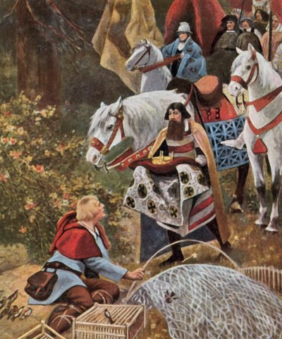 Niemiecka korona królewska wręczona Henrykowi Fowlerowi, 919 r. (wzmocniona kolorowa litografia) autorstwa Hugo (after) Vogel