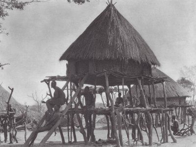 Afryka: Mieszkania na palach we wschodniej części Djur (zdjęcie czarno-białe) autorstwa Hugo Adolf Bernatzik