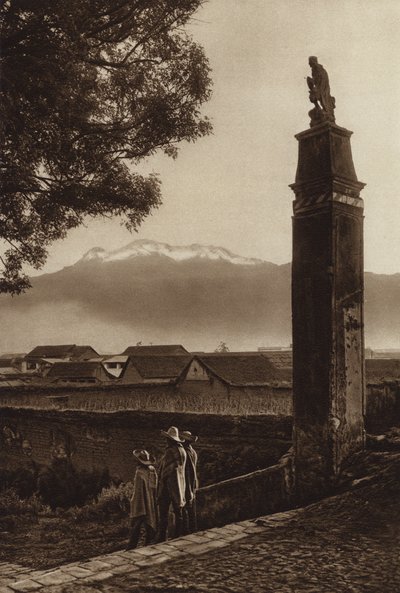 Meksyk: Amecameca z Iztaccihuatl (zdjęcie czarno-białe) autorstwa Hugo Brehme