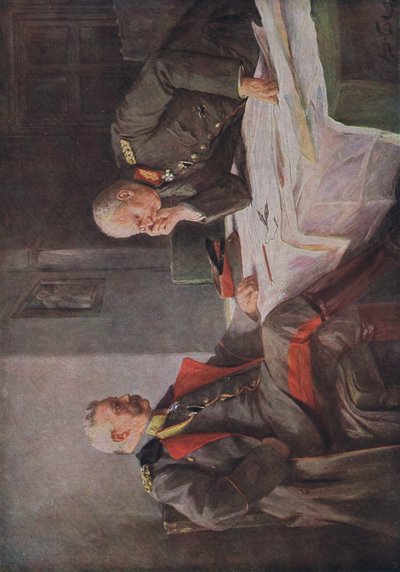 Studiowanie planu wojennego, ilustracja z Hindenburga wydana przez Daterlandischer Derlag C U Weller Berlin, 1922 r. autorstwa Hugo Vogel