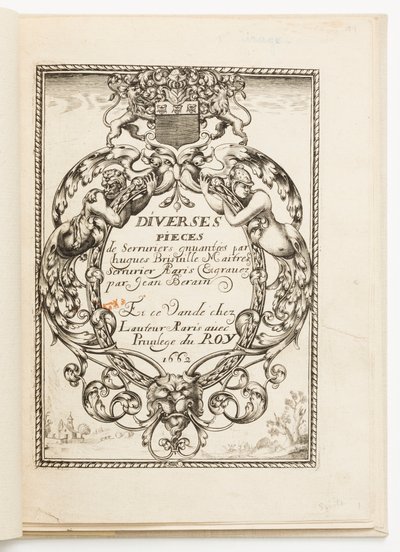 Strona tytułowa, z Diverses pièces de serruriers (różne wzory dla ślusarzy) autorstwa Hugues Brisville