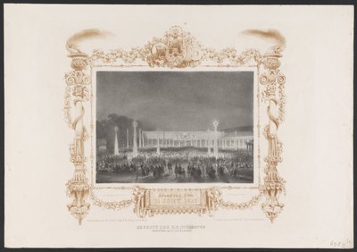 Wieczór dla studentów, 1836 Partia H.H. Studenci w ogrodzie C. van Leeuwen / Wieczór 14 czerwca 1836 (tytuł na obiekcie) Tablice z okazji stulecia Hogeschool Utrechtsche, 1836 (tytuł serii) autorstwa Huib van Hove Bz