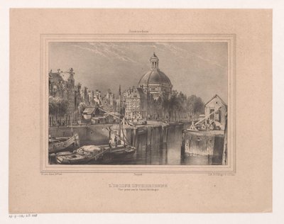 Gezicht op de Stromarkt, het Singel en de Lutherse kerk Kościół luterański. Widok wykonany na kanale (znany jako Singel) (tytuł na obiekcie) Pamiątka z Amsterdamu Osiem widoków narysowanych i litografowanych z natury przez H. van Hove Bz. (tytuł serii) autorstwa Huib van Hove Bz