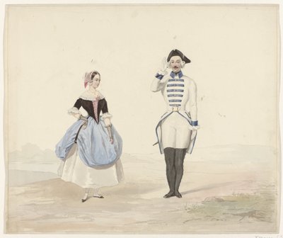 Mężczyzna i kobieta w historycznym stroju, 1841 Sześć akwarel kostiumów historycznych na bal kostiumowy w 1841 roku (tytuł serii) autorstwa Huib van Hove Bz