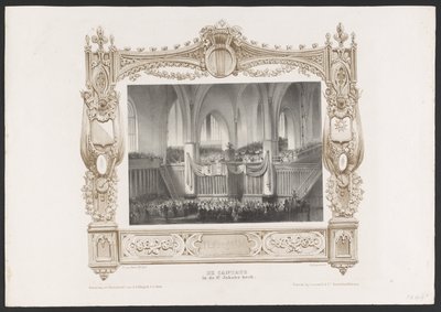 Procesja z prasą drukarską, 1836 Kantata w kościele św. Jakuba / 17 czerwca 1836 (tytuł na obiekcie) Tablice z okazji stulecia Hogeschool Utrechtsche, 1836 (tytuł serii) autorstwa Huib van Hove Bz