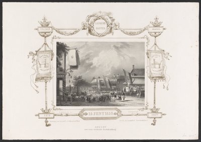 Procesja z prasą drukarską, 1836 Optogt van eene working Drukkerij / 15 czerwca 1836 (tytuł na obiekcie) Tablice z okazji stulecia Hogeschool Utrechtsche, 1836 (tytuł serii) autorstwa Huib van Hove Bz