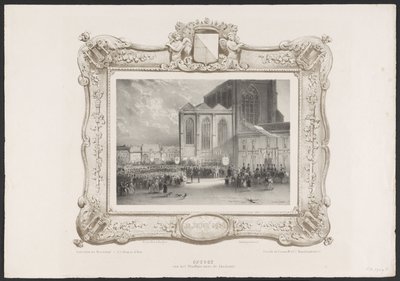 Procesja z ratusza do gmachu Akademii, 1836 Wniebowstąpienie z Ratusza do Akademii (tytuł na obiekcie) Tablice z okazji stulecia Hogeschool Utrechtsche, 1836 (tytuł serii) autorstwa Huib van Hove Bz
