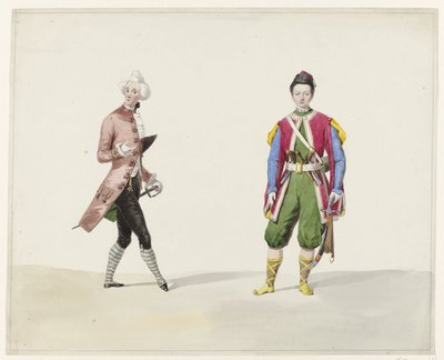 Dwóch mężczyzn w strojach historycznych, 1841 Sześć akwarel kostiumów historycznych na bal kostiumowy w 1841 roku (tytuł serii) autorstwa Huib van Hove Bz