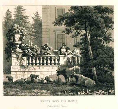 Ogrodzenie przy domu, z „Fragmenty z teorii i praktyki ogrodnictwa krajobrazowego”, wyd. 1816 (lito) autorstwa Humphry Repton