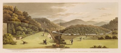 Ogólny widok z południowego i wschodniego frontu chaty w Endsleigh, Devon (przed) z „Fragmenty na temat teorii i praktyki ogrodnictwa krajobrazowego”, wyd. 1816 (kolor lito) (patrz także 103914) autorstwa Humphry Repton