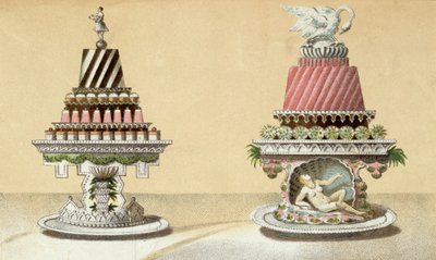 Projekt prezentacji Charlottes a la Reine & Pain de Framboises a la Leda, ilustracja z węgierskiej książki kucharskiej o kuchni francuskiej, ok.1880 autorstwa Hungarian School