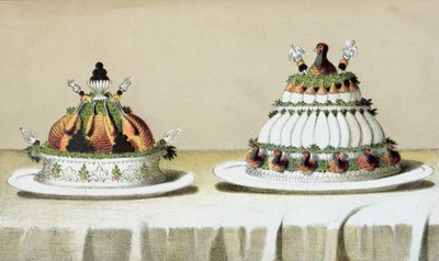 Projekt do prezentacji kurczaka faszerowanego foie gras i piersi bażanta gotowanego na sposób Bertholda, ilustracja z węgierskiej książki kucharskiej o kuchni francuskiej, ok. 1880 r. autorstwa Hungarian School