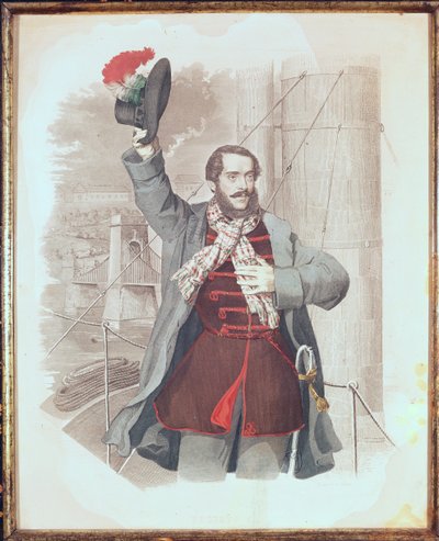 Portret Lajosa Kossutha (1802-94) na moście Łańcuchowym w Budapeszcie, 1849 autorstwa Hungarian School
