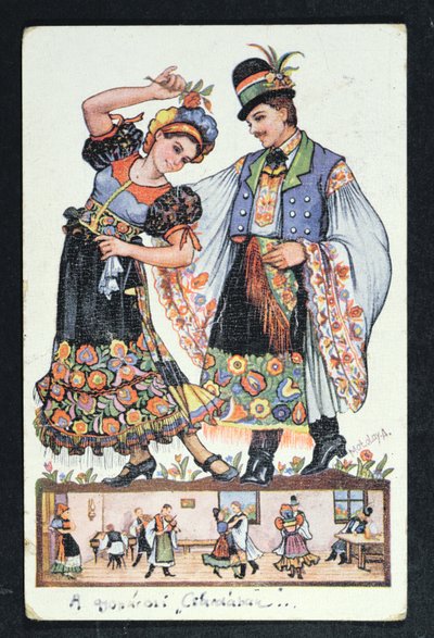 Pocztówka przedstawiająca węgierską parę tańczącą tradycyjny taniec, 1943 autorstwa Hungarian School
