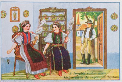 Pocztówka przedstawiająca kobiety w tradycyjnym węgierskim stroju wirujące i śpiewające popularną pieśń Sing a Song to the Frog, ok.1940 autorstwa Hungarian School