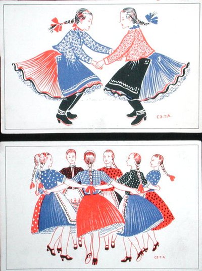 Pocztówki przedstawiające tradycyjne tańce węgierskie, ok. 1947-8 (kolor lito) autorstwa Hungarian School