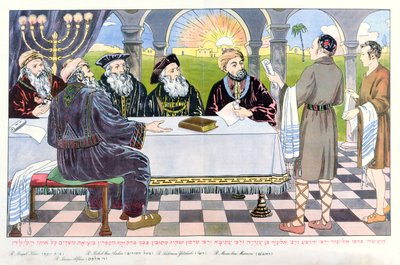 Savants przy stole Majmonidesa, z Hagady Paschalnej autorstwa Hungarian School