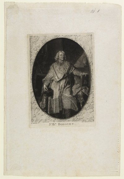 J.B. Bossuet (pieszo), grawerowane przez Jean-Baptiste de Grateloup, 1771 (mezzotinta, akwatinta i sucha igła na chine collé) autorstwa Hyacinthe Francois Rigaud