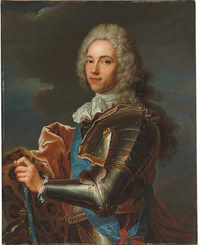 Portret księcia de Broglie, w szarfie Orderu Sainte Esprit, z batutą marszałka Francji autorstwa Hyacinthe Francois Rigaud