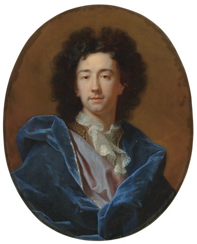 Portret artystki, do biustu, w koronkowym krawacie i niebieskim płaszczu autorstwa Hyacinthe Francois Rigaud