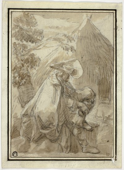 Siedzący mężczyzna w płaszczu przy krytej strzechą chacie autorstwa III Follower of Herman Saftleven