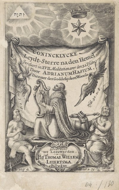 Król Dawid jako śpiewak psalmowy Strona tytułowa dla: Hasius, Adrianus. Conincklycke leydt gwiazda po niebie (...), 1656 autorstwa I. de Wolf