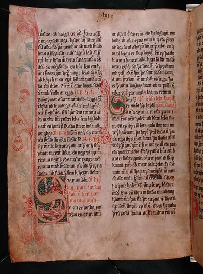 Historyczne inicjały „S” i „P”, ze „Skarosboka” („Księga Skarda”) ok. 1350 (welum) autorstwa Icelandic School