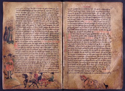 Dwie ilustrowane strony z kopii oryginalnej XIII-wiecznej kolekcji prawa Jonsbok autorstwa Icelandic School