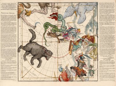 Biegun Północny, Tablica 1 z opisu globu niebieskiego w płaskich ramach, wyd. 1674 (grawerowanie ręcznie kolorowane) autorstwa Ignace Gaston Pardies