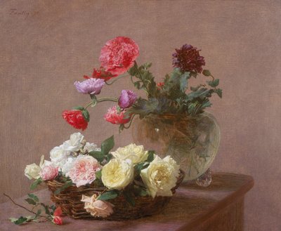 Maki w kryształowym wazonie lub koszu z różami, 1890 autorstwa Ignace Henri Jean Fantin Latour