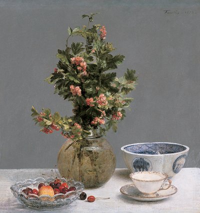 Martwa natura z wazą głogu, miską wiśni, miską japońską oraz filiżanką i spodkiem autorstwa Ignace Henri Jean Fantin Latour