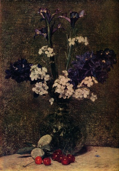 Wazon z kwiatami, na stole Wiśnie i Migdały, Natura Morte, Irysy, Hybrydy Delphinium a autorstwa Ignace Henri Jean Fantin-Latour