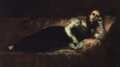 (LEŻĄCA KOBIETA Z MANTYLKĄ NA GŁOWIE I W RĘKAWICZKACH) - 20 W. autorstwa Ignacio Zuloaga y Zabaleta