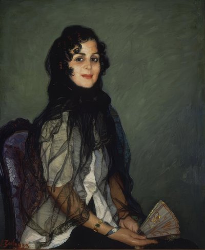 ANGUSTIA BIAŁEGO Z CZARNĄ MANTYLĄ I WENTYLATOREM - XX WIEKU - O / L - 95X79CM autorstwa Ignacio Zuloaga y Zabaleta