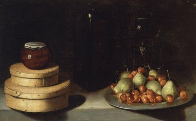 MARTWA ŻYCIE (TACA Z WIŚNIAMI I GRUSZKAMI, PUDEŁKA I BUTELKA MIODU) - XX WIEK autorstwa Ignacio Zuloaga y Zabaleta