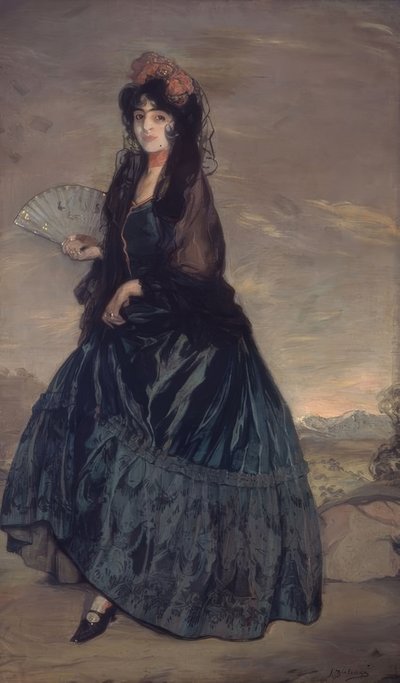KOBIETA Z KOCYKIEM, KWIATAMI I WENTYLATOREM - OLEJ Z PŁÓTNA - 199 × 120,5 CM autorstwa Ignacio Zuloaga y Zabaleta