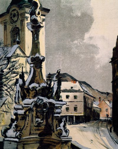 Widok na Hainburg an der Donau, Austria, miasto, w którym Franz Joseph Haydn (1732-1809) studiował muzykę w latach 1738-1740, Rycina Igo Potscha (1884-1943) z okazji stulecia śmierci muzyka autorstwa Igo Potsch