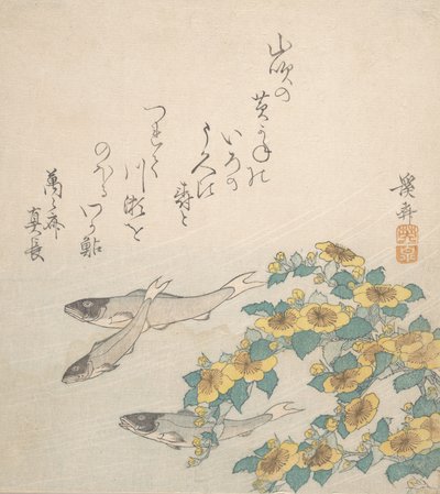 Pływające ryby z żółtymi kwiatami, ca. 1830. autorstwa Ikeda Eisen