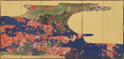 Liście klonu na strumieniu, sześciopanelowy ekran, okres Edo, 1856-58 (tusz i kolor na złoconym papierze) autorstwa Ikeda Koson
