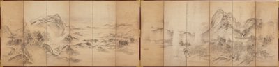 Mountain Views, rewers sześciopanelowego parawanu, okres Edo, 1856-58 (pranie na papierze) autorstwa Ikeda Koson