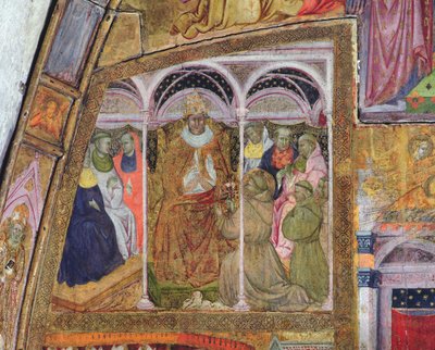 Św. Franciszek błagający papieża Honoriusza III o potwierdzenie odpustu, fresk z Porcjunkuli, 1393 autorstwa Ilario da Viterbo