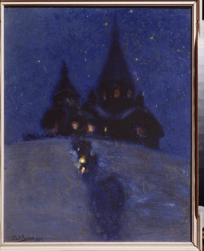 Kościół w Kuokkala (lub Repino, Rosja) w noc Bożego Narodzenia. Obraz Jurija Iljicza Repina (Youri Repin) (1877-1954), olej na drewnie, ok. 1910 r. Sztuka rosyjska XX w. I. Repin Memorial Museum Penates, Sankt Petersburg. autorstwa Ilya Efimovich Repin