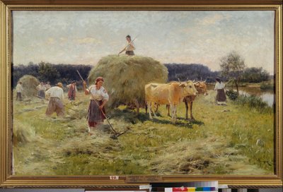 Sianokosy (Letnia scena rolnicza, chłopi zbierający siano w zaprzęgu wołowym) - Sianokosy - Obraz Nikołaja Korniłowicza Pimonenko (1862-1912), olej na płótnie autorstwa Ilya Efimovich Repin