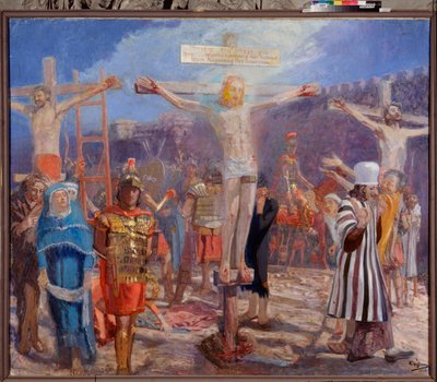 Kalwaria. (Scena Ukrzyżowania). Po bokach przedstawienia dobrego łotra (zwanego też świętym Dismasem (lub Dysmasem, Dimasem, Dumasem) i złego łotra (Gesmas lub Gestas), dwóch złoczyńców ukrzyżowanych z Jezusem Chrystusem. Obraz Jurija Iljicza Repina (Youri autorstwa Ilya Efimovich Repin
