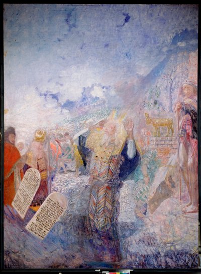 Mojżesz i Dziesięć Przykazań. Za nim Złoty Cielec. Obraz Jurija Iljicza Repina (Youri Repin) (1877-1954), olej na płótnie, ok. 1930 r. Sztuka rosyjska XX w., sztuka współczesna. I. Repin Memorial Museum Penates, Sankt Petersburg. autorstwa Ilya Efimovich Repin